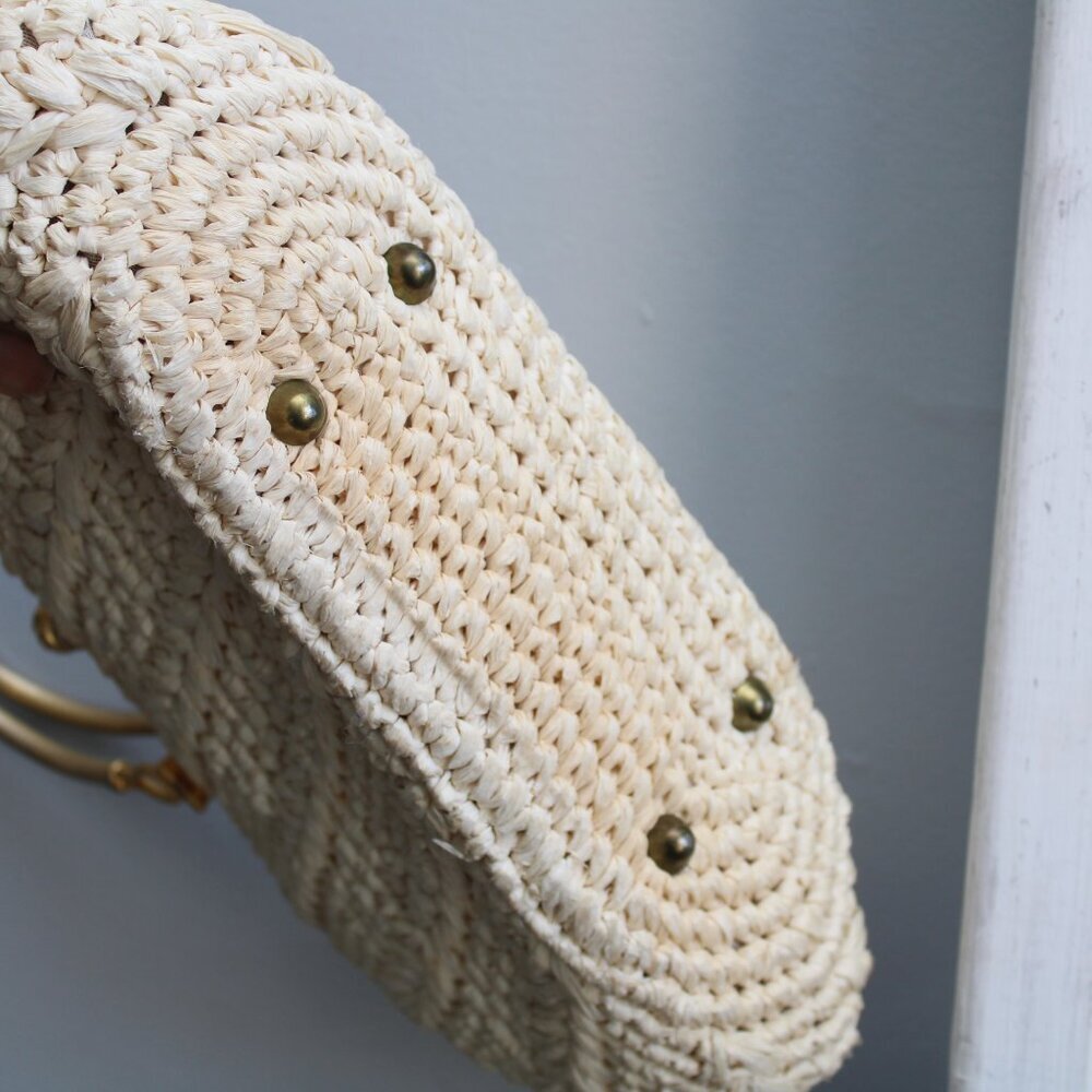 Vintage 50s / 60s Cream Raffia Woven Gold Accent Metal Cocktail Party Handbag - Picture 5 of 6